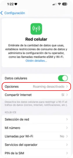 3. Dentro de Red celulares, seleccionar 'Opciones'.