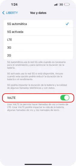 5. Dentro de 'Voz y datos 'activa la opción 'VoLTE' que se encuentra en al parte inferior.