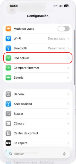 2. Dentro de Configuración, buscar y seleccionar la opción “ Red celular“.
