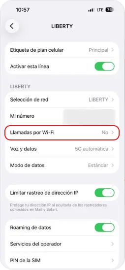 3. Dentro de “Red celular“ ir a Llamadas por Llamadas por Wi-FI.