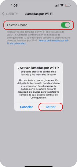 4. Dentro de “Llamadas por Wi-FI activar el botón: “En este Iphone” y presionar Activar.