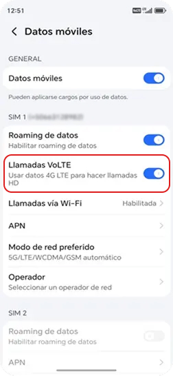 4. Dentro de Datos móviles, seleccionar la opción 'Llamadas VoLTE'.