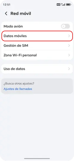 3. Dentro de Red móvil, seleccionar 'Datos móviles'.