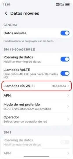 4. Dentro de Datos móviles, seleccionar la opción 'Llamadas vía WiFi'.