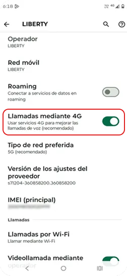 5. Dentro de LIBERTY seleccionar “Llamadas mediante 4G”.