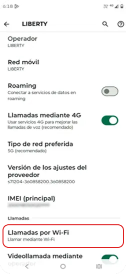 5. Dentro de LIBERTY seleccionar “Llamadas por WiFi”.