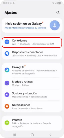 3. Dentro de Ajustes, ingresar a la opción Conexiones.