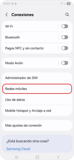 4. En Conexiones, ingresar a la opción Redes Móviles.