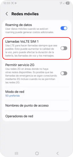 5: Dentro de Redes Móviles ubicar la opción: “Llamadas VoLTE”.