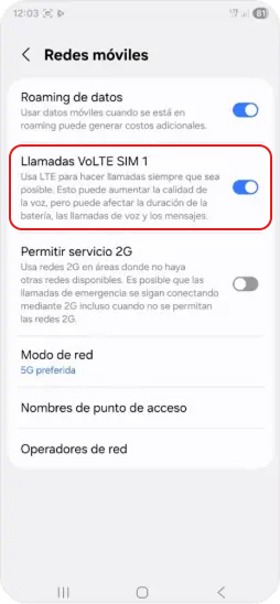 6: Ahora activa, el botón de “Llamadas VoLTE”.
