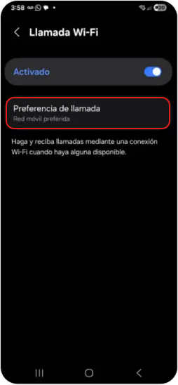 4. En preferencia de llamada seleccionar Red WI-FI preferida.