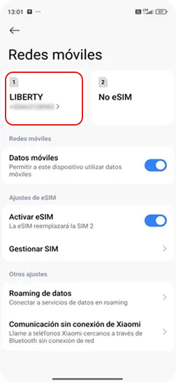 3.Dentro de Redes móviles seleccionar “LIBERTY”.