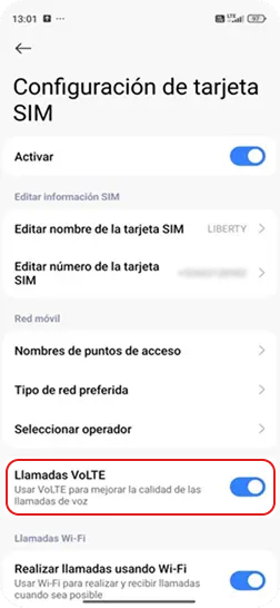4. Dentro de LIBERTY seleccionar “Llamadas por VoLTE”.