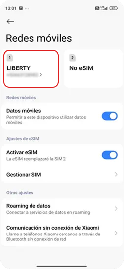 3.Dentro de Redes móviles seleccionar “LIBERTY”.