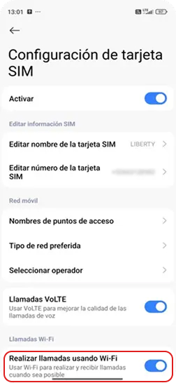 4. Dentro de LIBERTY seleccionar “Realizar llamadas usando WiFi”.